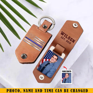 Personalized Upload Your Photo Police Officer US Flag Blue Line Leather Keychain