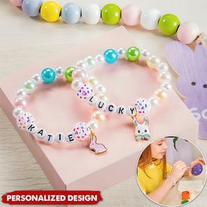 Personalized Cute Bunny Beaded Stretch Name Bracelet-Charm Easter Gift for Kids