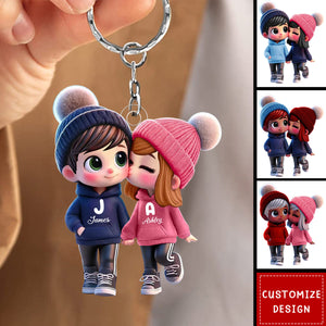 Cute Cartoon Couple Walking Personalized Acrylic Keychain-Gift For Couple