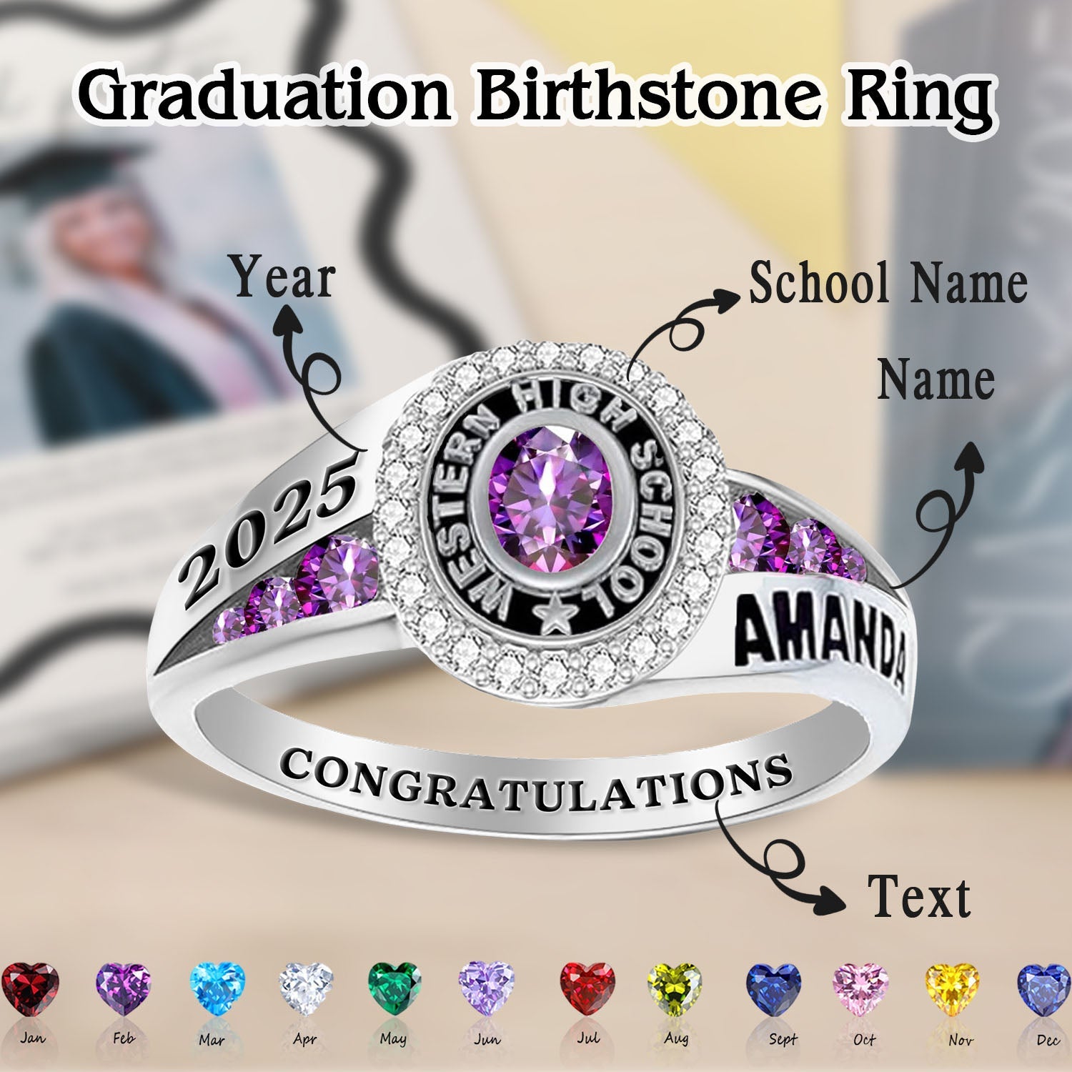 Personalized Engraved College & High School Graduation Ring, Graduation Gift