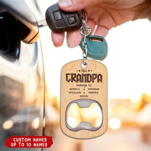 This Grandpa Belongs To Wooden Titles - Personalized Bottle Opener Keychain