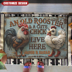 An Old Rooster & A Cute Chick Live Here - Personalized Doormat-Gift For Chick Lovers,Farmer