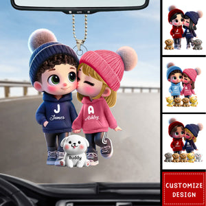 Cute Cartoon Couple You Me And The Dog Cat Personalized Acrylic Car Ornament-Gift For Couple