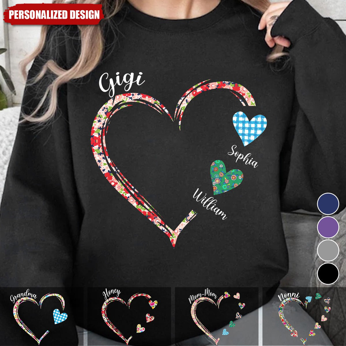 Grandma Heart Floral Color With Kids-Personalized Sweatshirt