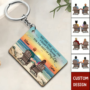 Retro Vintage Back View Couple Sitting Beach Landscape Personalized Wooden Keychain