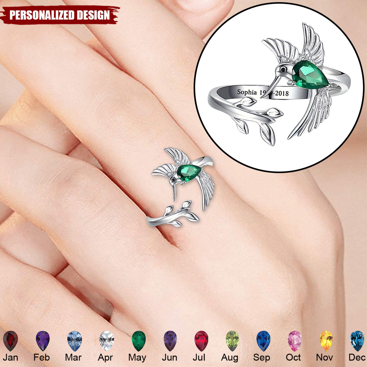 Personalized Cute Hummingbird Birthstone Ring