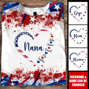 Heart With Kid Name Grandma 4th of July Personalized 3D T-shirt