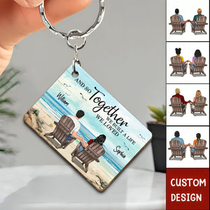 Retro Vintage Back View Couple Sitting Beach Landscape Personalized Wooden Keychain