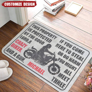 Protected By The Good Lord And Crazy Biker - Personalized Doormat-Gift For Biker