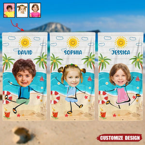 Custom Photo Playful Kids On The Beach - Personalized Beach Towel