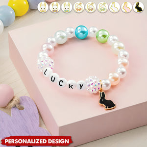 Personalized Cute Bunny Beaded Stretch Name Bracelet-Charm Easter Gift for Kids