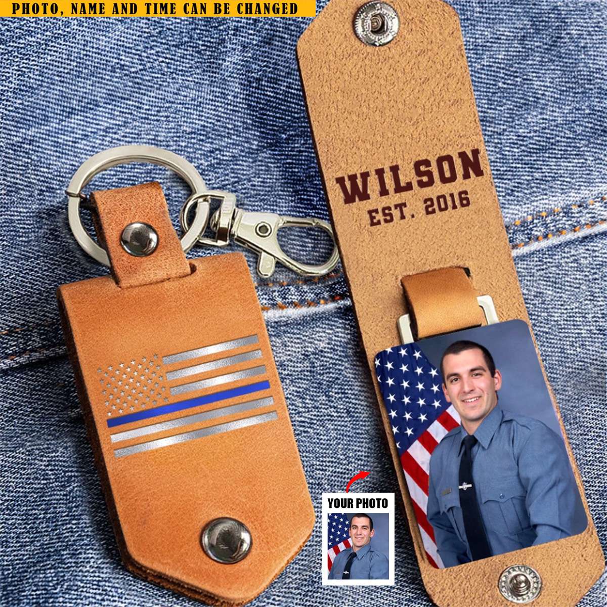 Personalized Upload Your Photo Police Officer US Flag Blue Line Leather Keychain