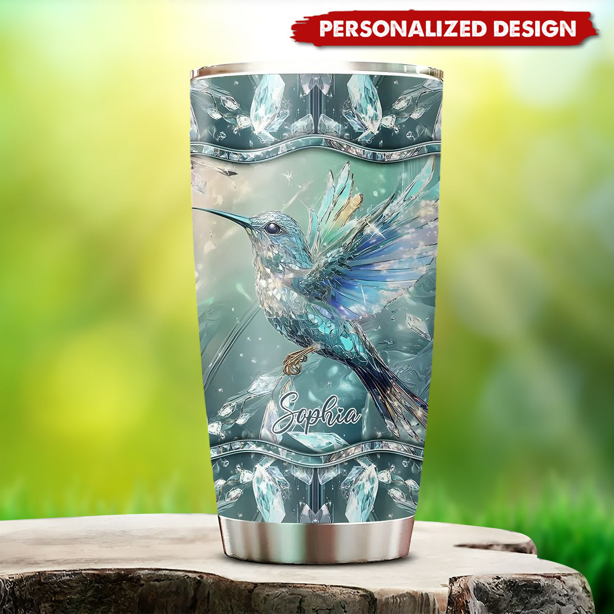 Crystal Radiance Iridescent Hummingbird Glass Art-Personalized Name Tumbler