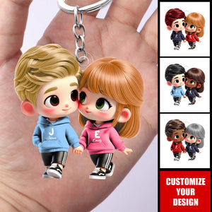 Cute Cartoon Couple Holding Hands Personalized Acrylic Keychain, Anniversary & Valentine's Day Gift