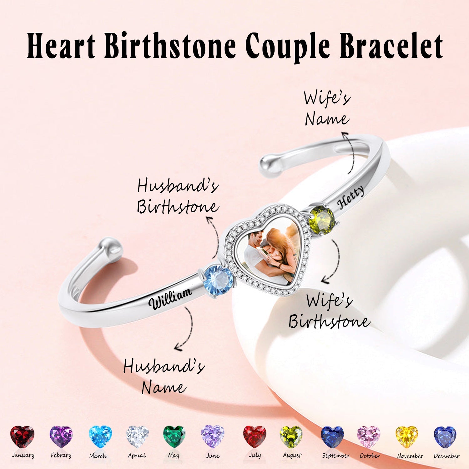 Personalized Heart Birthstone Bracelet-Gift For Couple, Family