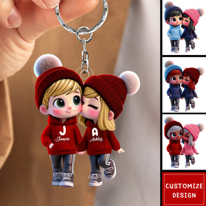 Cute Cartoon Couple Walking Personalized Acrylic Keychain-Gift For Couple