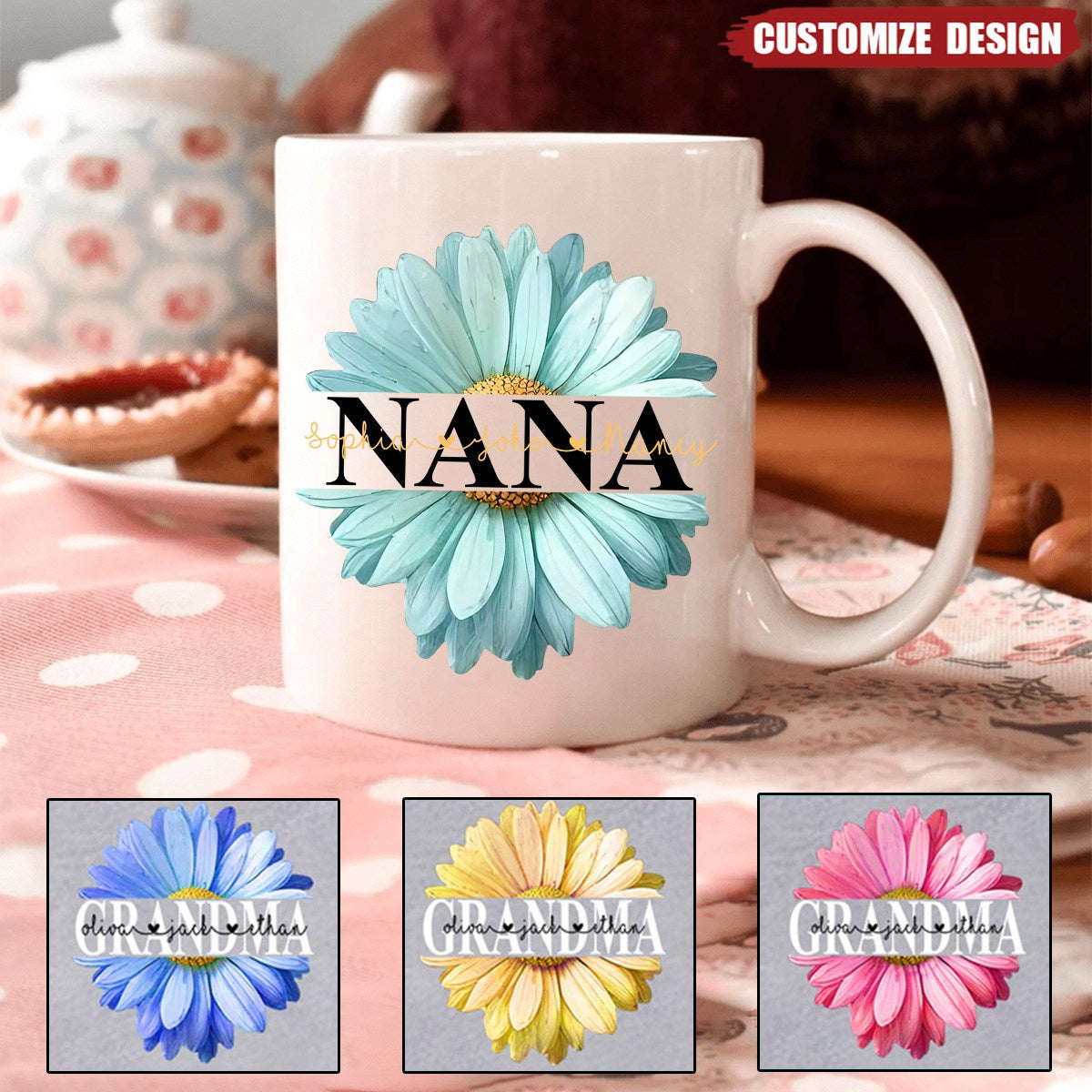 Mom Grandma Flower Daisy Color And Kids Personalized Mug