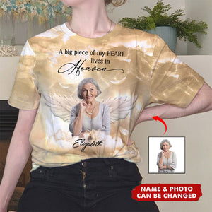 Sparkling Memorial Upload Photo Angel Wings, A Big Piece Of My Heart Lives In Heaven Personalized 3D T-shirt