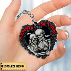 Personalized Skeleton Couple Keychain, Gift For Couple, Black Rose Heart Shape