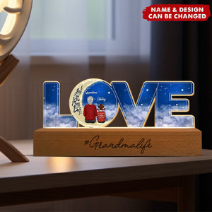 Love Grandma Life Grandma Grandkids On Moon Personalized Acrylic LED Night Light, Gift For Granddaughter, Grandson