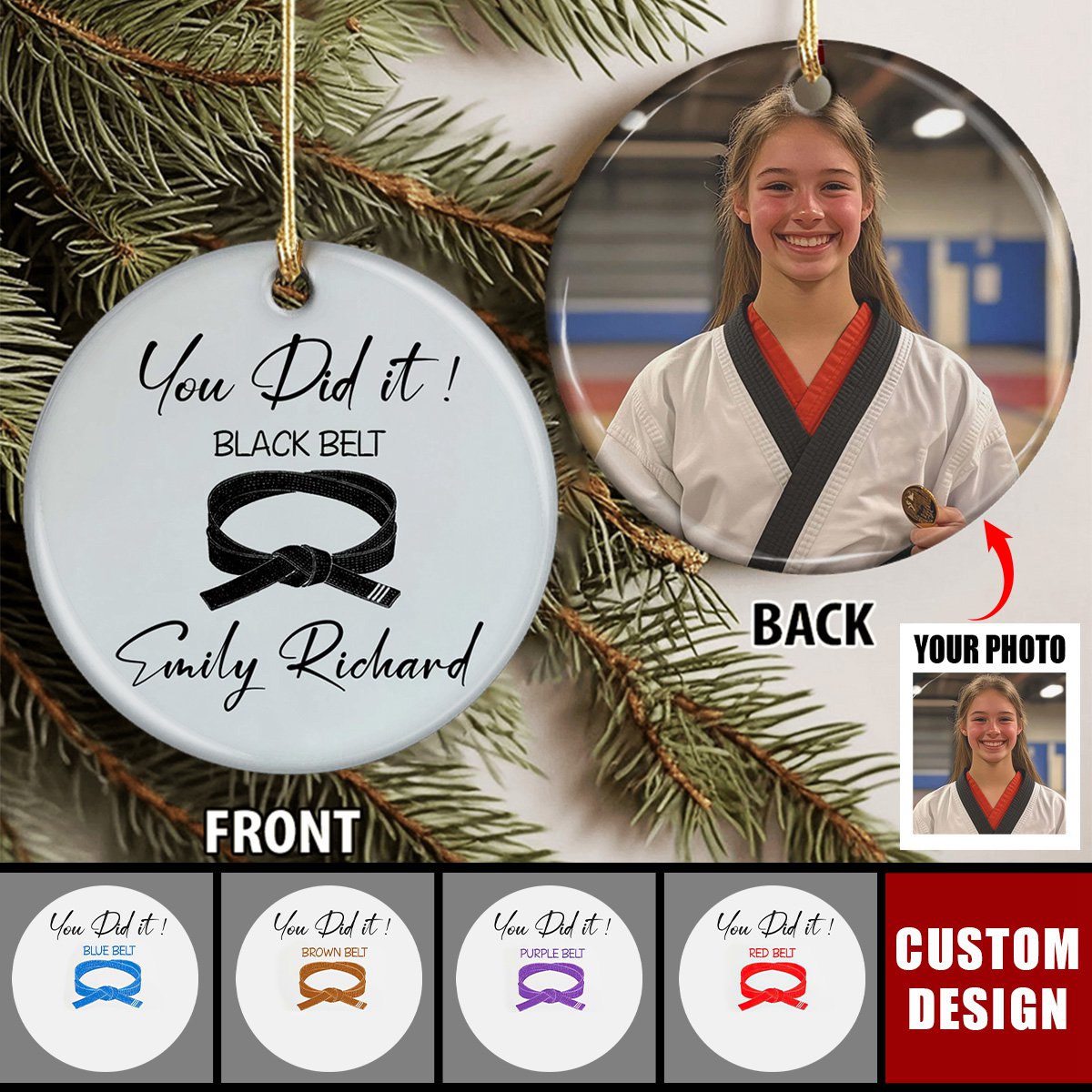 Custom Photo Black Belt Ceramic Ornament - Gift For Taekwondo,Karate,Jiu-Jitsu Lovers