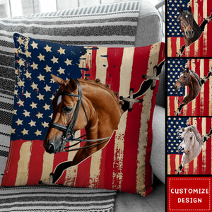 Personalized America Flag Horse Pillow - Gift For Horse Lovers