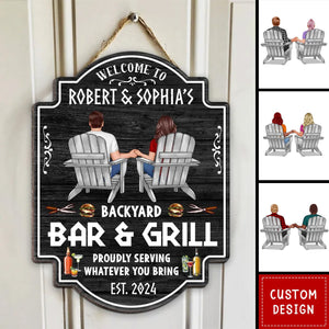 Backyard Bar & Grill Couple Sitting Personalized Wood Sign