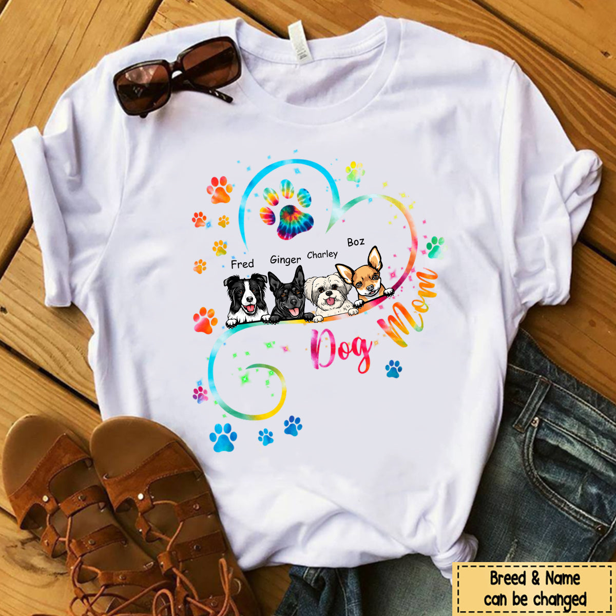 Dog Mom Heart Line Personalized T-Shirt - Gift For Mom / Grandma