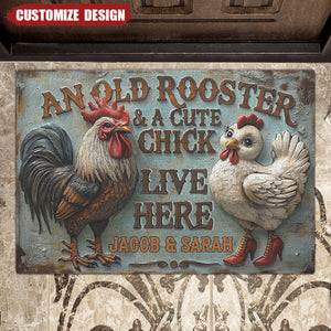 An Old Rooster & A Cute Chick Live Here - Personalized Doormat-Gift For Chick Lovers,Farmer