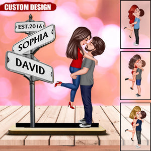 Personalized Standing Wooden Plaque With Couple & Custom Street Signs, Anniversary Gift For Couple