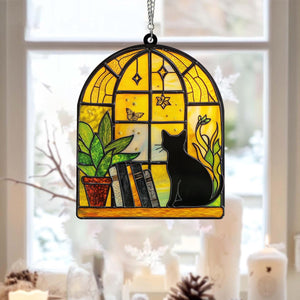 Black Cat And Book Suncatcher Ornament, Gift For Book Lovers