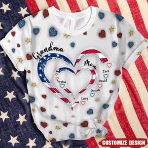 Heart Grandma Heart Mom With Kid Name 3D Inflated Effect 3D T-shirt