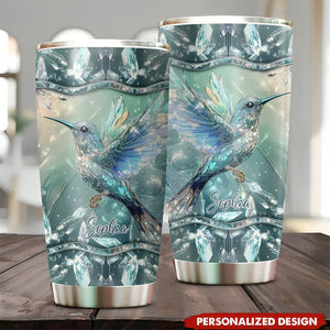 Crystal Radiance Iridescent Hummingbird Glass Art-Personalized Name Tumbler