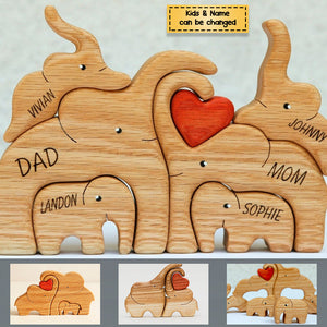 Personalized Elephant Family Wooden Art Puzzle, Gift For Family