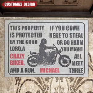 Protected By The Good Lord And Crazy Biker - Personalized Doormat-Gift For Biker