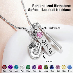 Personalized Birthstone Softball Baseball Bat Glove Necklace