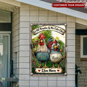 An Old Rooster & His Cute Chick Live Here - Personalized Chicken Rectangle Metal Sign