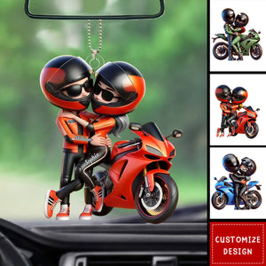 Motorcycle Pretty Cartoon Couple-Personalized Acrylic Car Ornament-Gift For Him, For Biker Couple