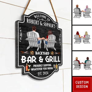 Backyard Bar & Grill Couple Sitting Personalized Wood Sign