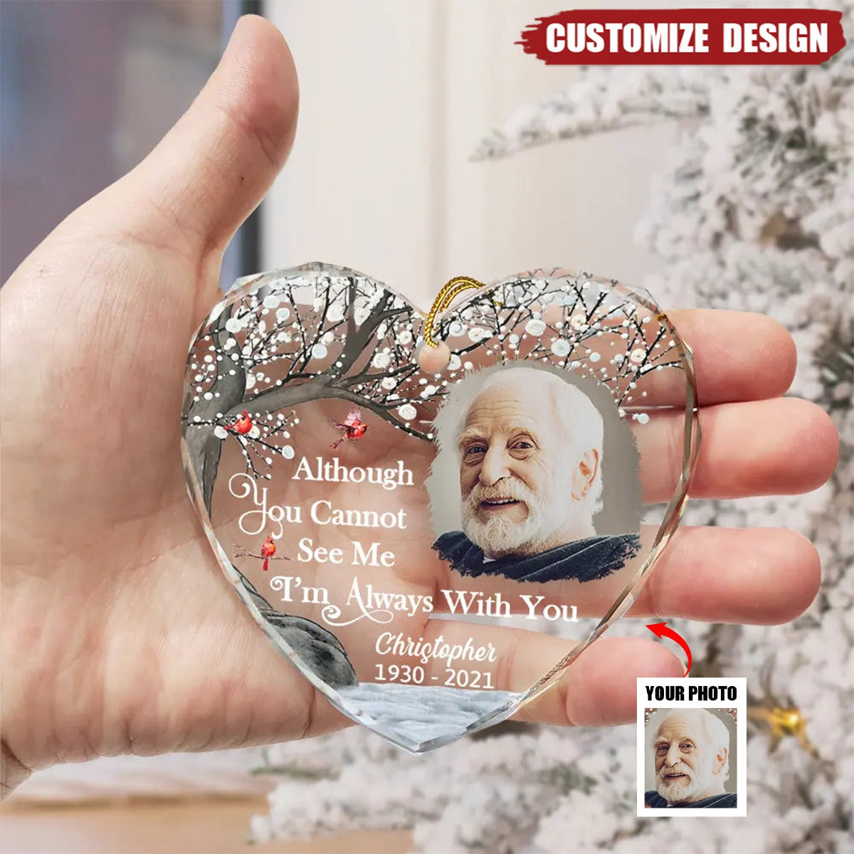 Custom Photo Always And Forever In Our Hearts Memorial - Personalized Heart Shaped Glass Ornament - 2024 New Release