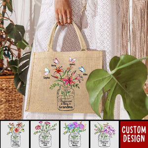 Happiness Is Being A Grandma Mom Vase of Flower - Personalized Jute Tote Bag