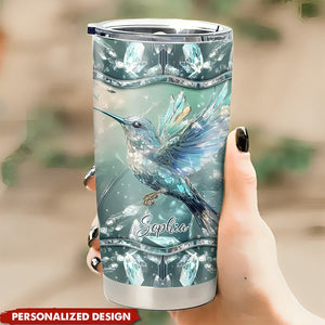 Crystal Radiance Iridescent Hummingbird Glass Art-Personalized Name Tumbler