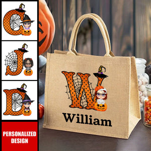 Personalized Cartoon Character Pumpkin Design Trick or Treat Candy Jute Tote Bag with Initial & Name Halloween Party Favors Gift for Kids