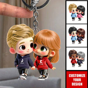 Cute Cartoon Couple Holding Hands Personalized Acrylic Keychain, Anniversary & Valentine's Day Gift