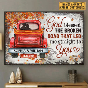 Personalized God Blessed The Broken Road Fall Leaves Custom Poster - Gift For Husband Wife