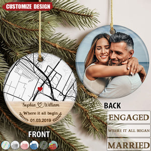 Personalized Location Map Photo Ceramic Ornament - Gift For Couple