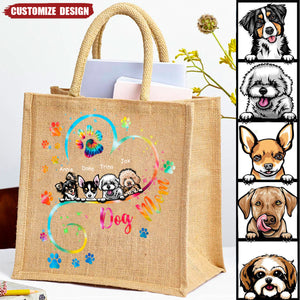 Dog Mom Heart Line Personalized  Jute Tote Bag, DIY Gift For Pet Lovers