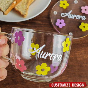 Personalized Flower Glass Coffee Cup Set with Name