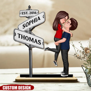 Personalized Standing Wooden Plaque With Couple & Custom Street Signs, Anniversary Gift For Couple