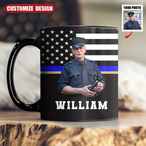 Personalized US Police US Flag Blue Line Black Mug